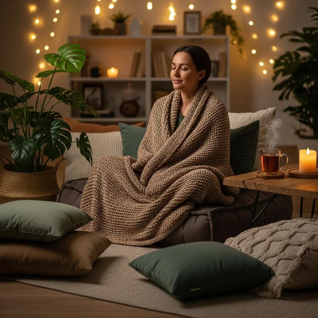 Individual practicing deep breathing exercises in a cozy indoor setting