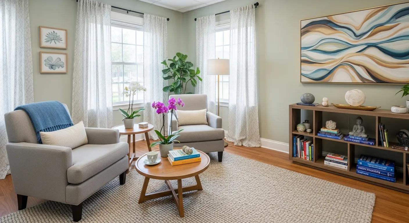 Counseling office with comfortable seating and calming decor for personal growth