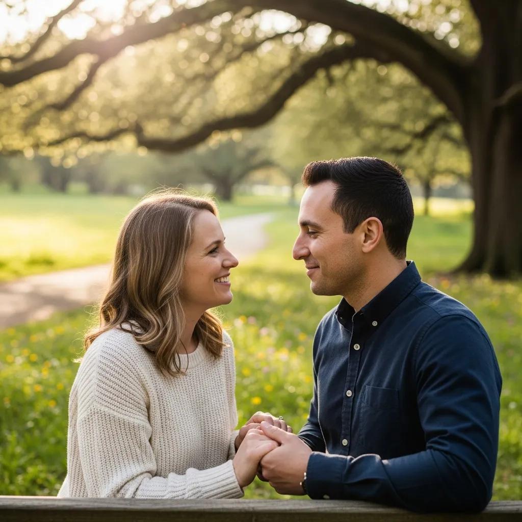 Couple reconnecting emotionally in a serene outdoor setting