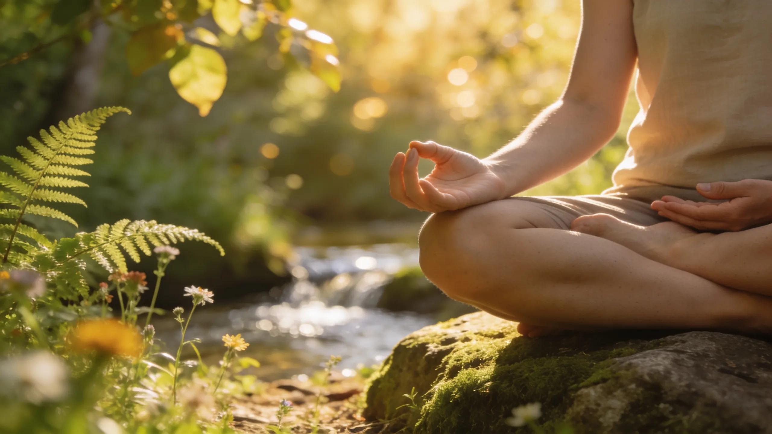 A person meditating outdoors in a peaceful natural setting, representing stress relief and well-being techniques.