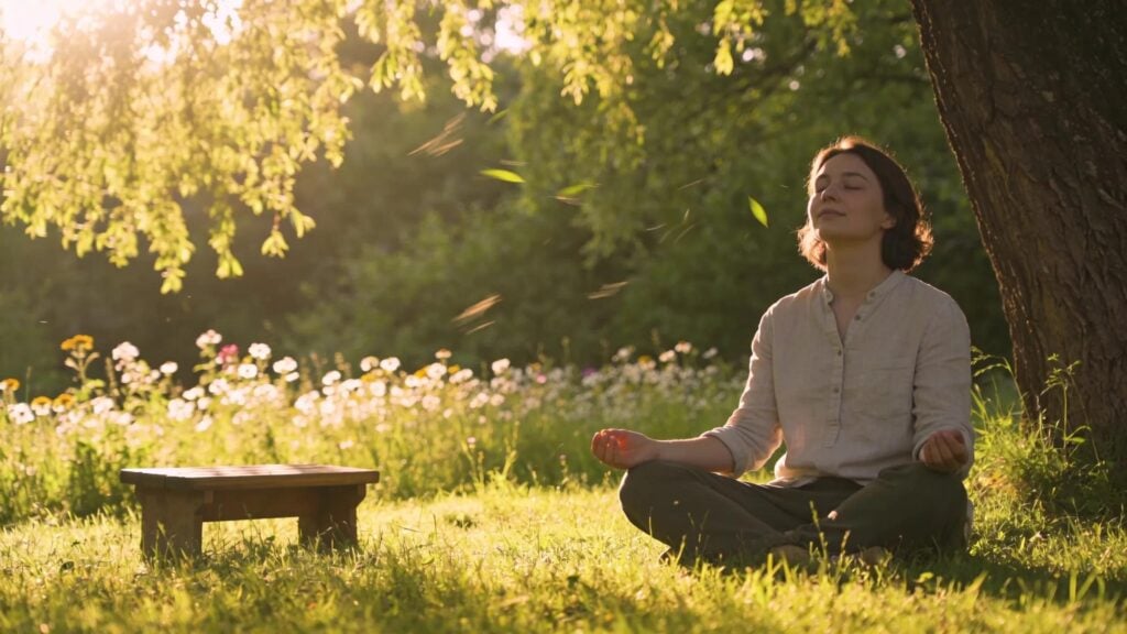 Person meditating in nature, promoting stress management and emotional resilience