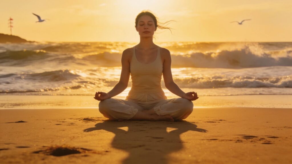 Individual practicing mindfulness yoga on a beach at sunrise, symbolizing relaxation and mental clarity.
