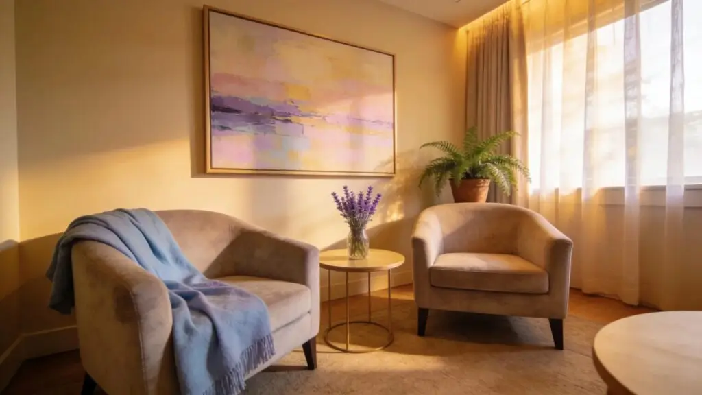 Therapy room for couples counseling with cozy seating and warm decor
