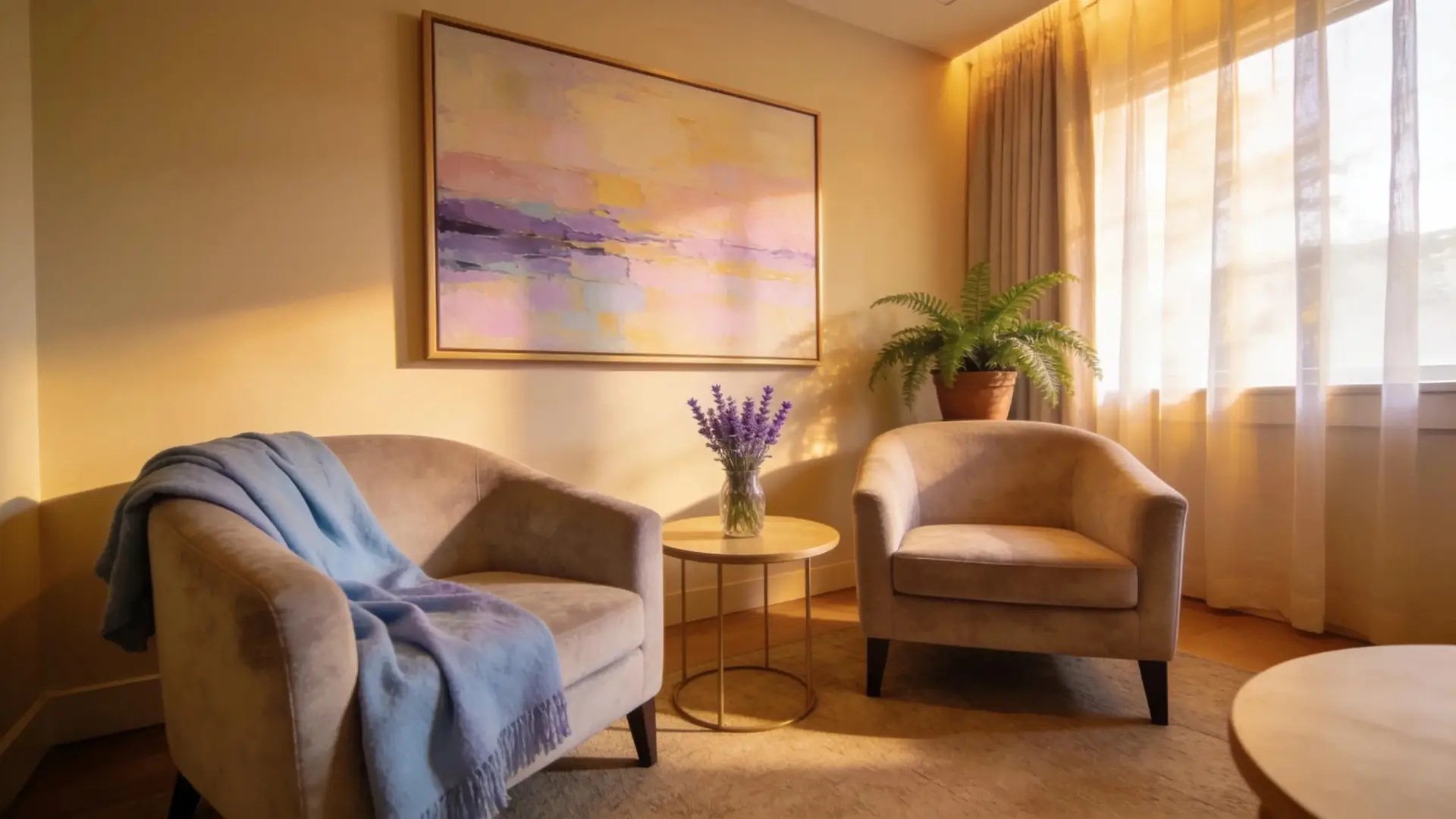 Therapy room for couples counseling with cozy seating and warm decor