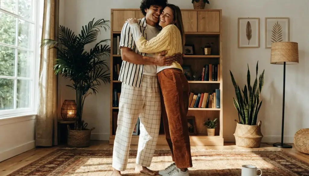 Couple expressing joy and connection after successful therapy session