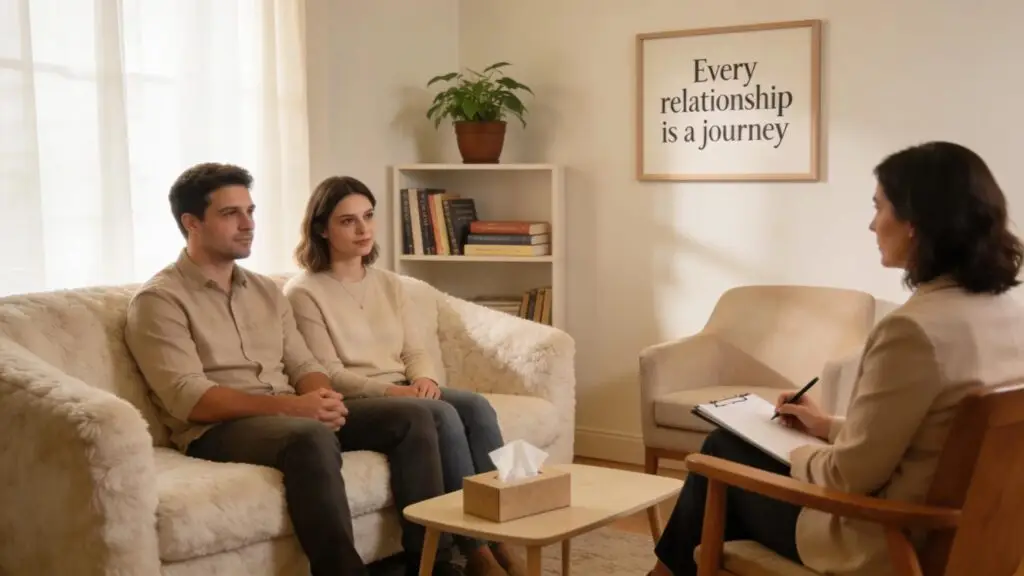 Couple in counseling session with licensed marriage counselor in a cozy office
