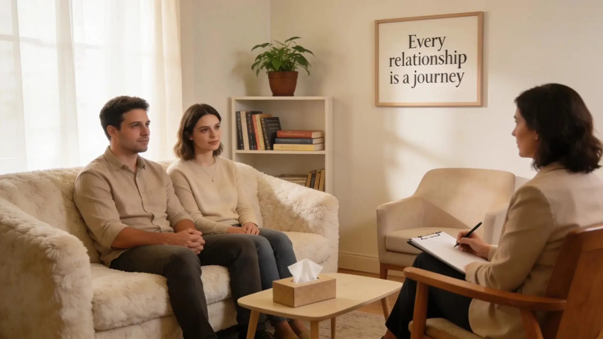 Couple in counseling session with licensed marriage counselor in a cozy office
