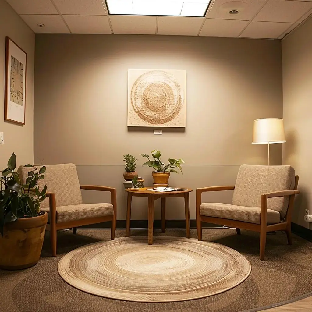 Therapy room with comfortable seating and calming decor for personal growth