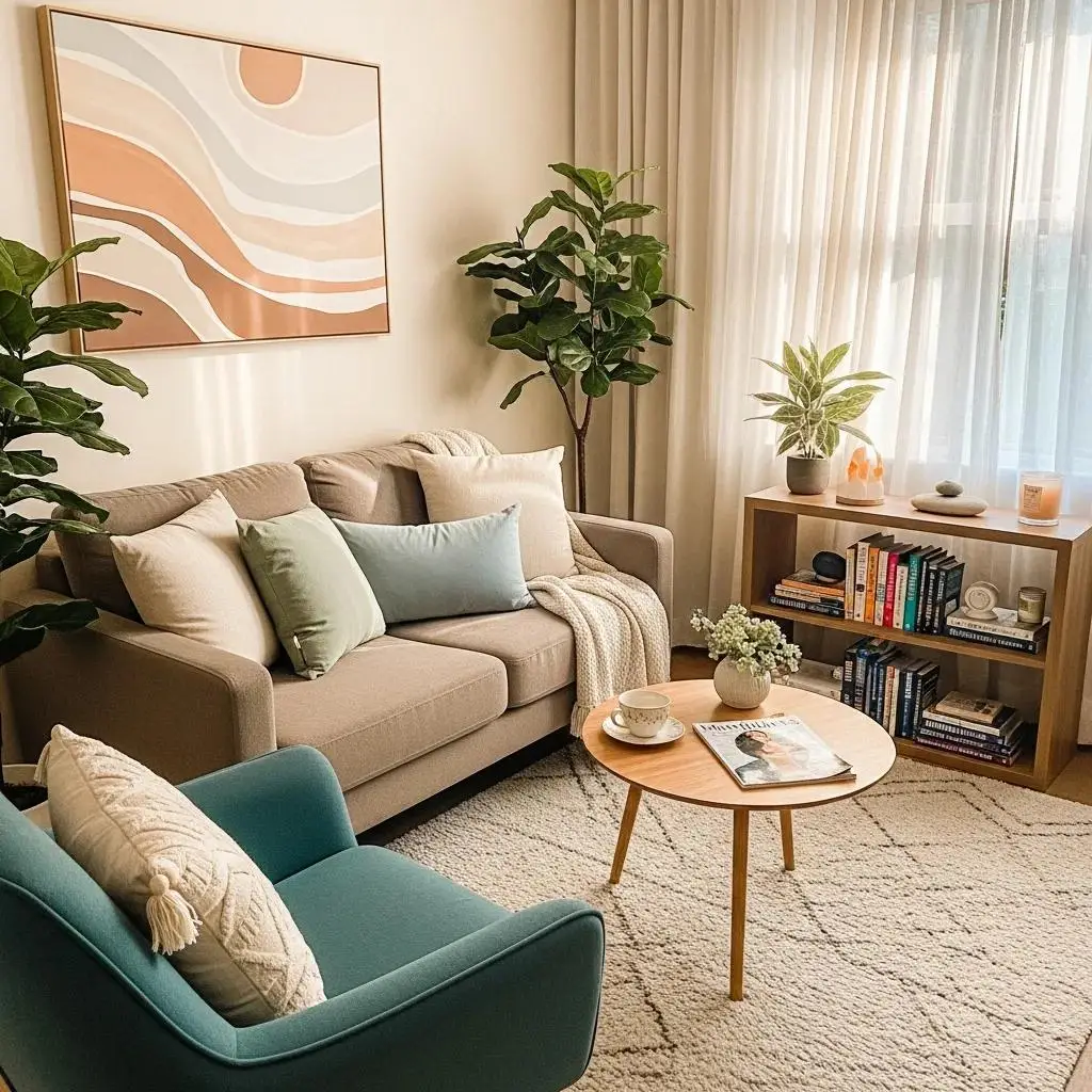 Therapy room with comfortable seating and calming decor for cognitive behavioral therapy